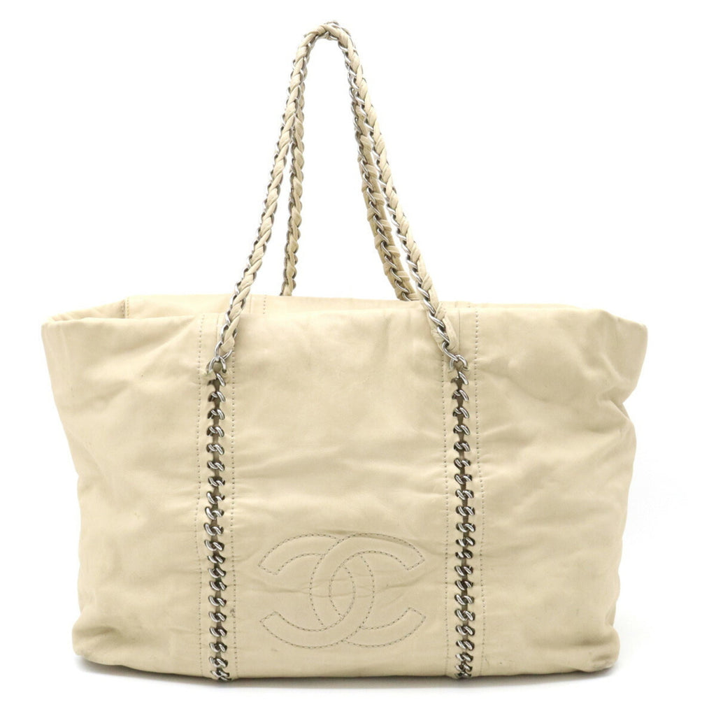 CHANEL Luxury Line Coco Mark Tote Bag Chain Shoulder Leather Beige A31574