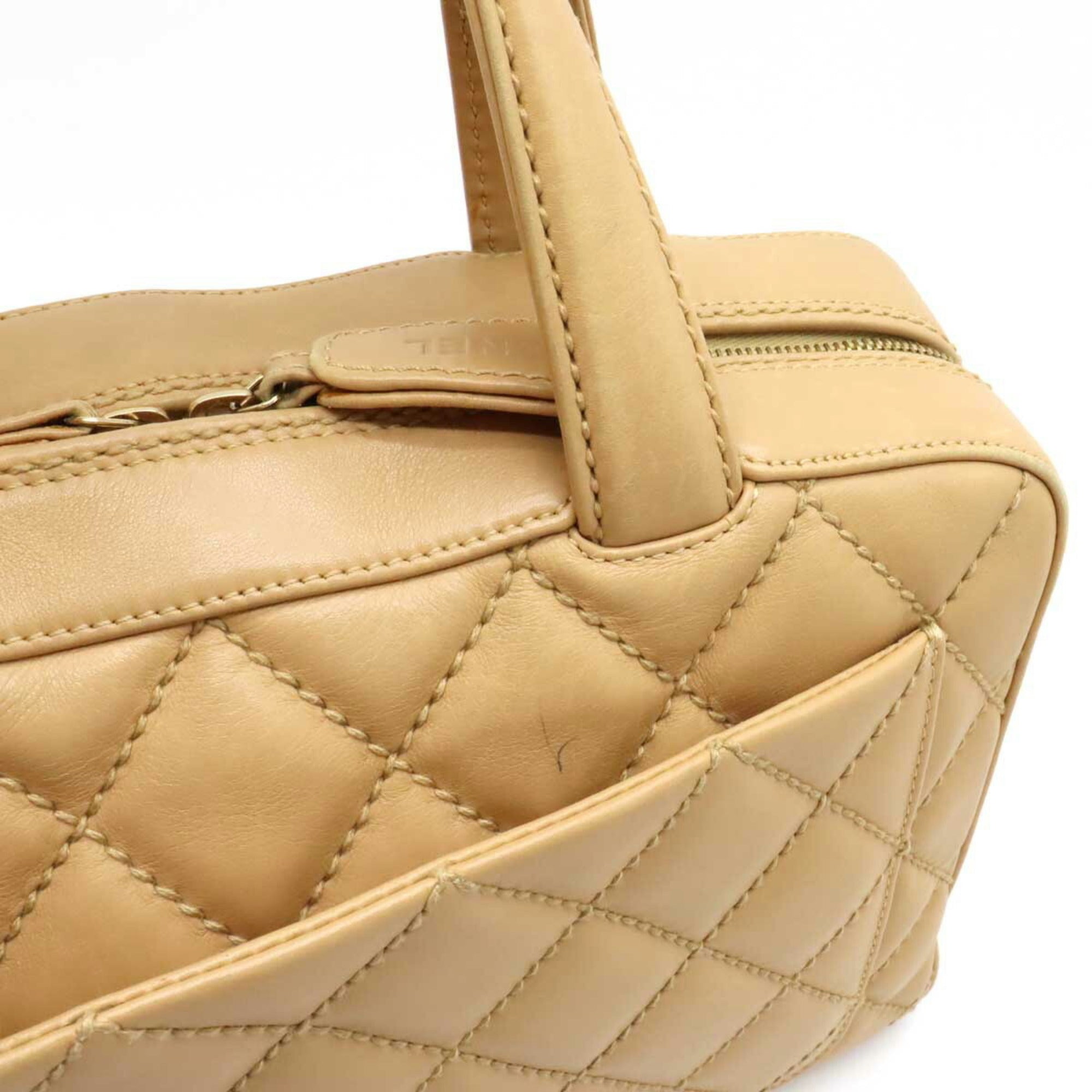 CHANEL Wild Stitch Handbag Boston Bag Leather Beige A14692