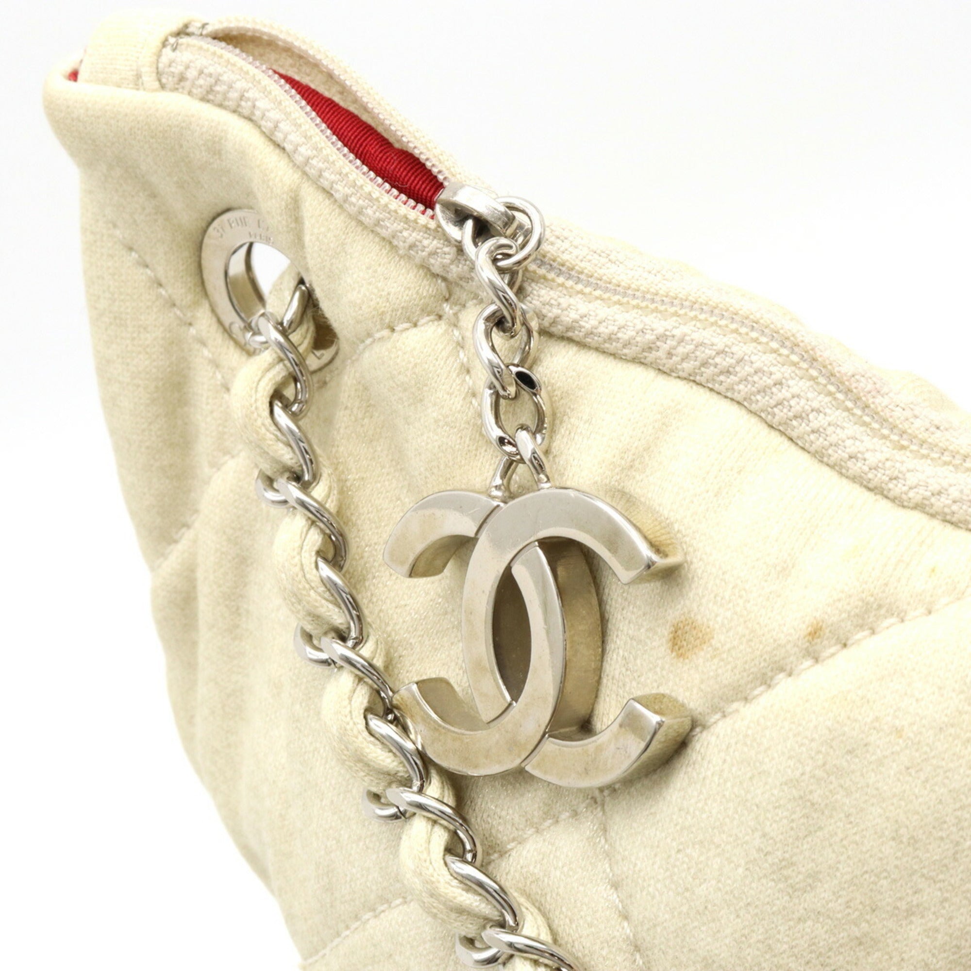 CHANEL LA cruise line chain shoulder bag cotton jersey lame ivory red