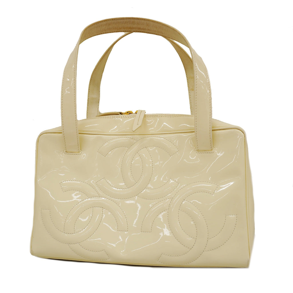 CHANELAuth  Triple Coco Women's Patent Leather Handbag Ivory
