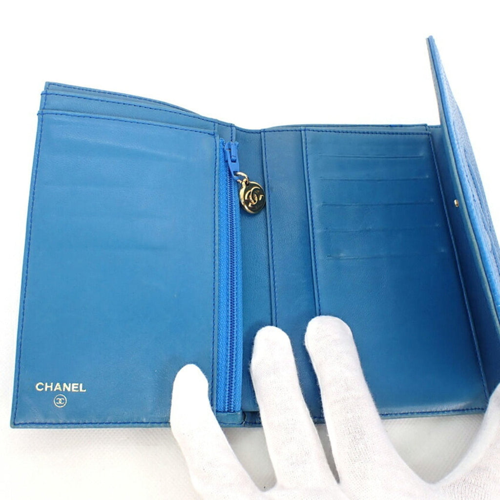 CHANEL here mark caviar skin tri-fold wallet blue with seal No. 5