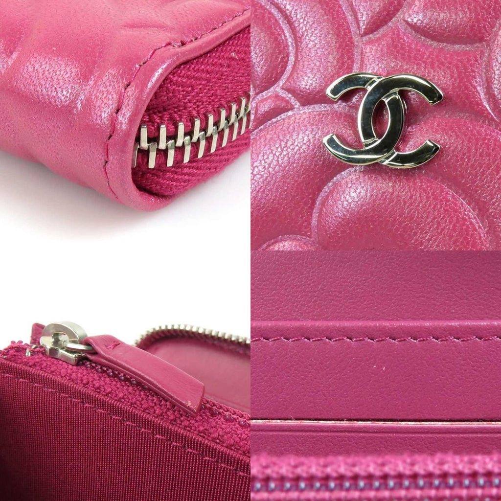 CHANEL Round Zipper Long Wallet Leather Pink Women's