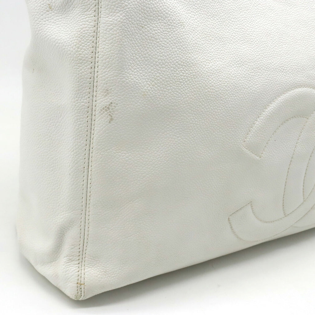 CHANEL Caviar Skin Coco Mark Chain Tote Bag Shoulder Leather White