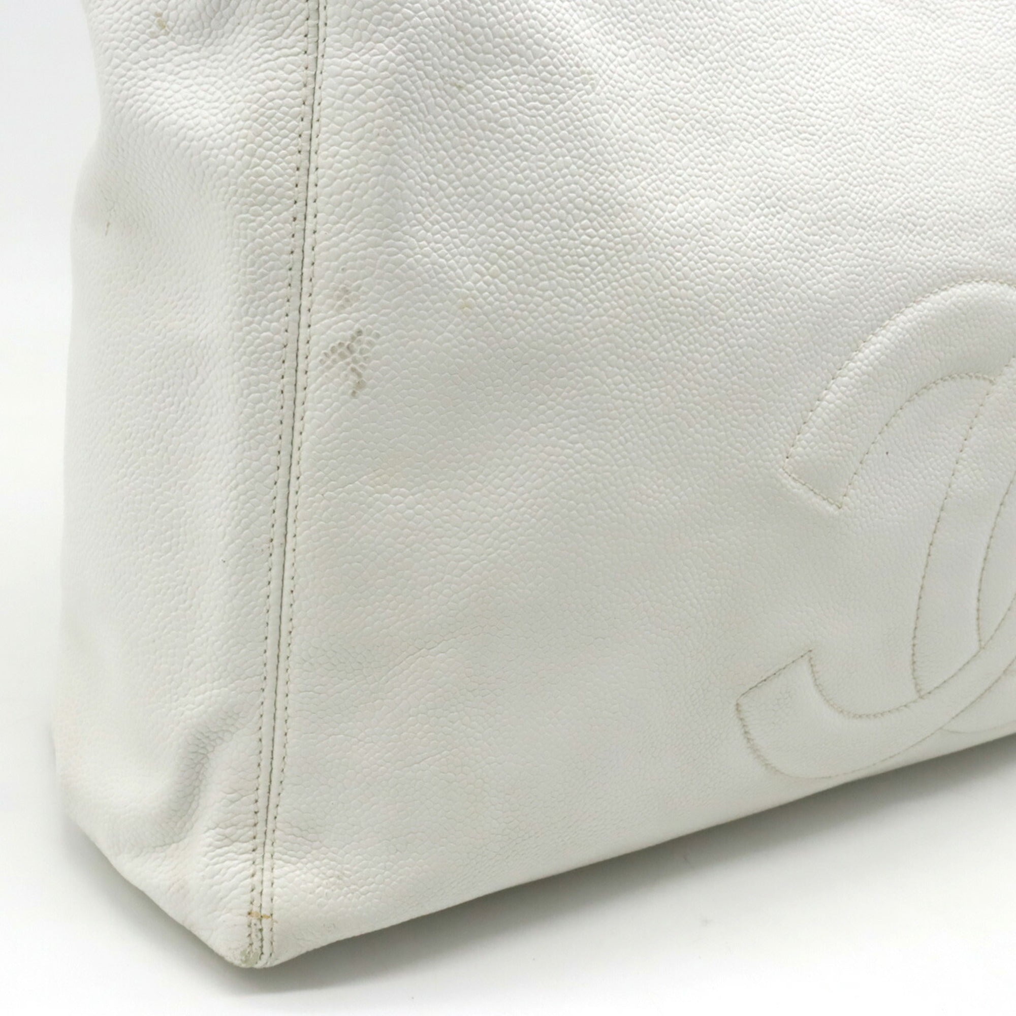 CHANEL Caviar Skin Coco Mark Chain Tote Bag Shoulder Leather White