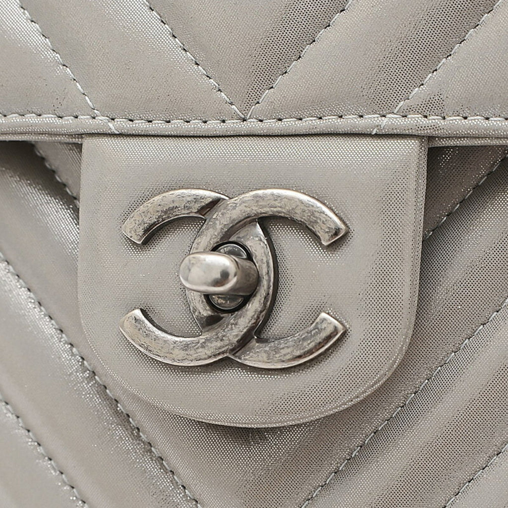 CHANEL Chevron V Stitch Rucksack Backpack Leather Silver A91121