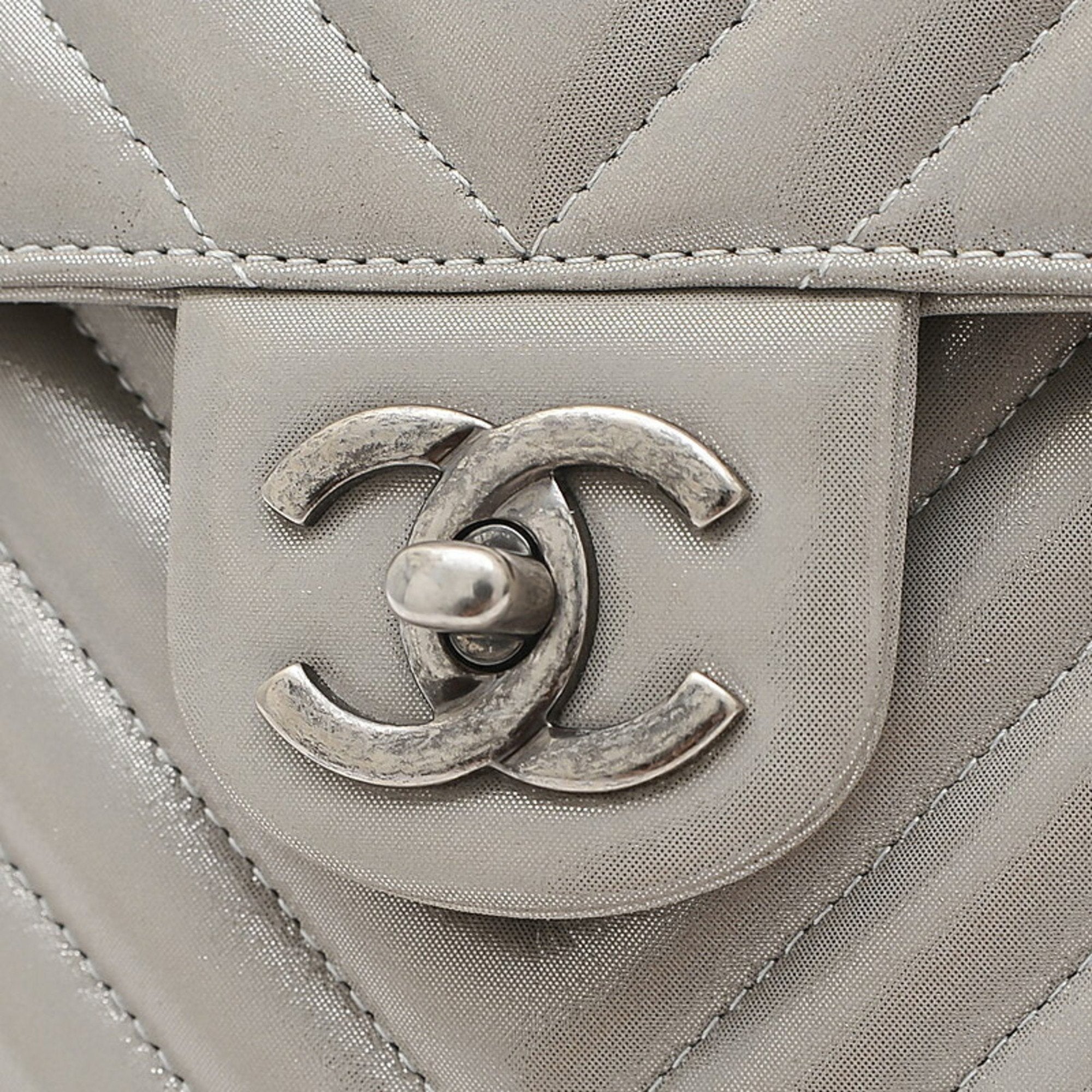 CHANEL Chevron V Stitch Rucksack Backpack Leather Silver A91121