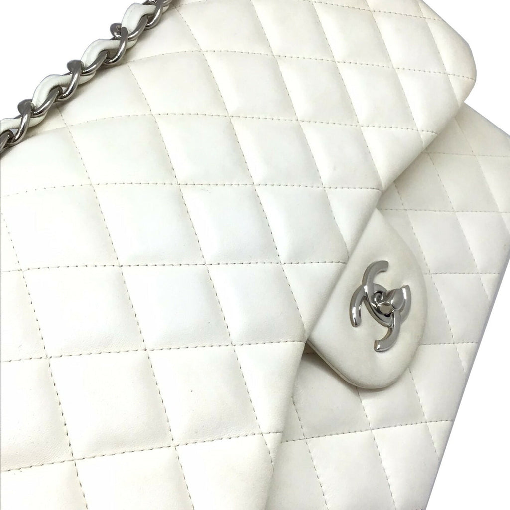 CHANEL Matelasse Deka 30 White Lambskin Silver Hardware Chain Shoulder Double Flap Women's