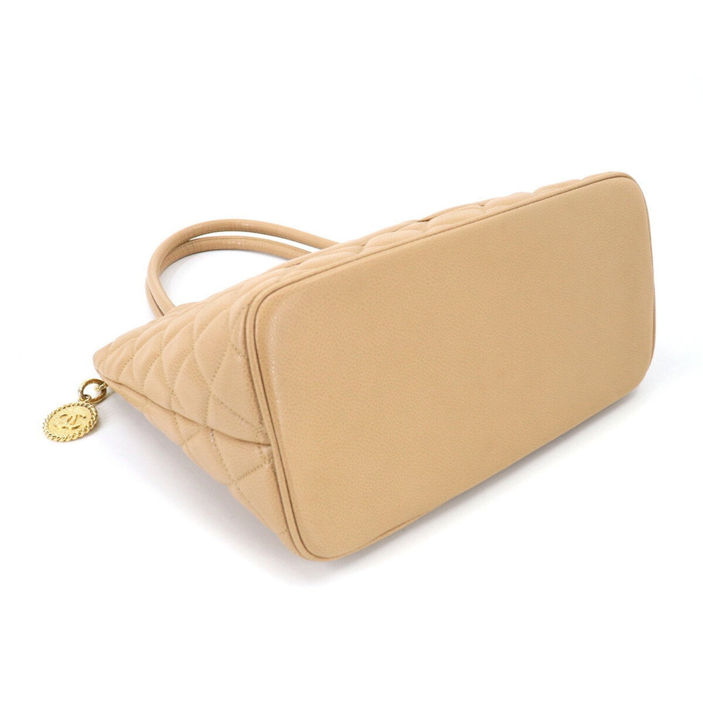 Chanel Reprint Tote Bag Caviar Skin Beige A01804 Gold Hardware Vintage Medallion