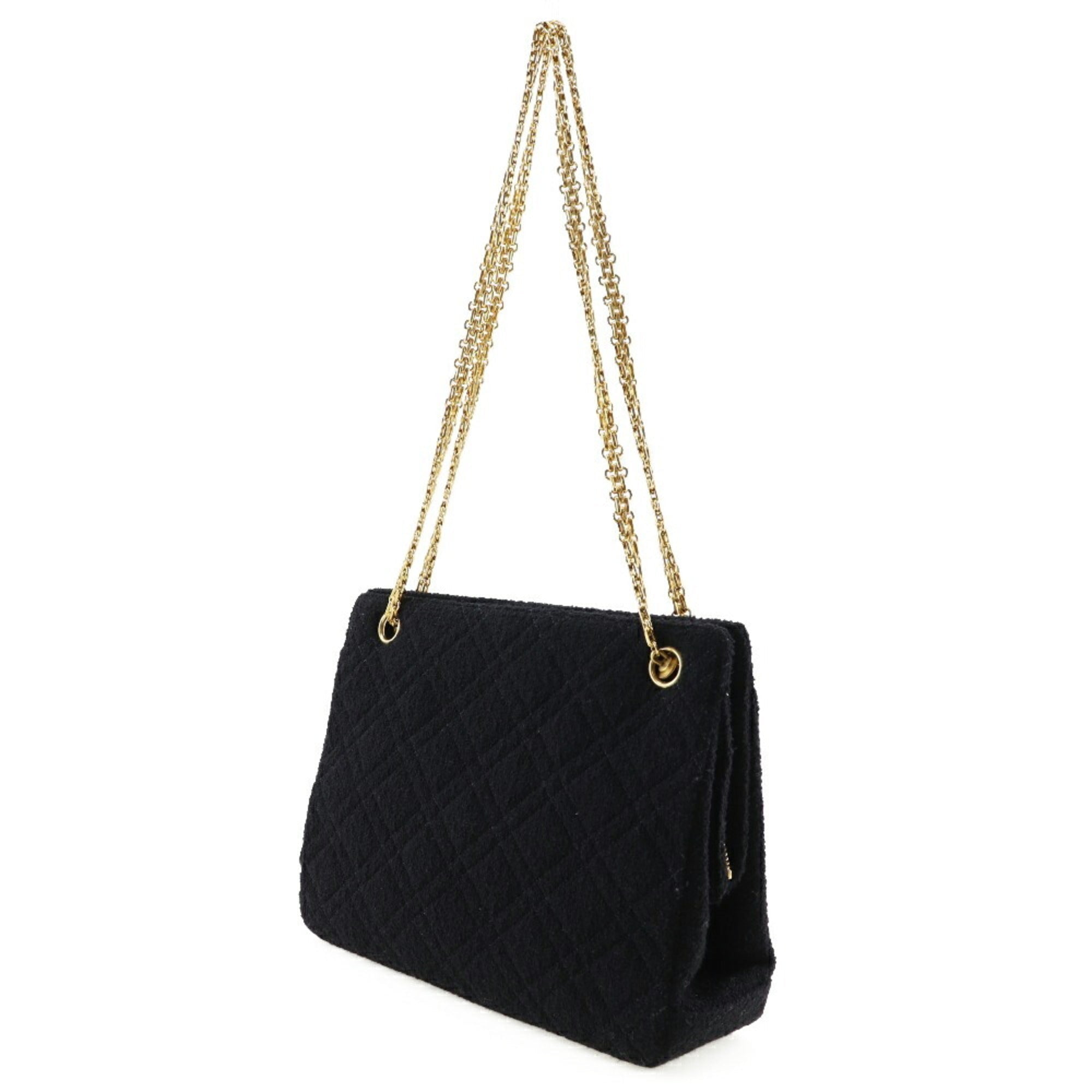 CHANEL Chainback Shoulder Bag Matelasse Tweed x Gold Plated Black Ladies