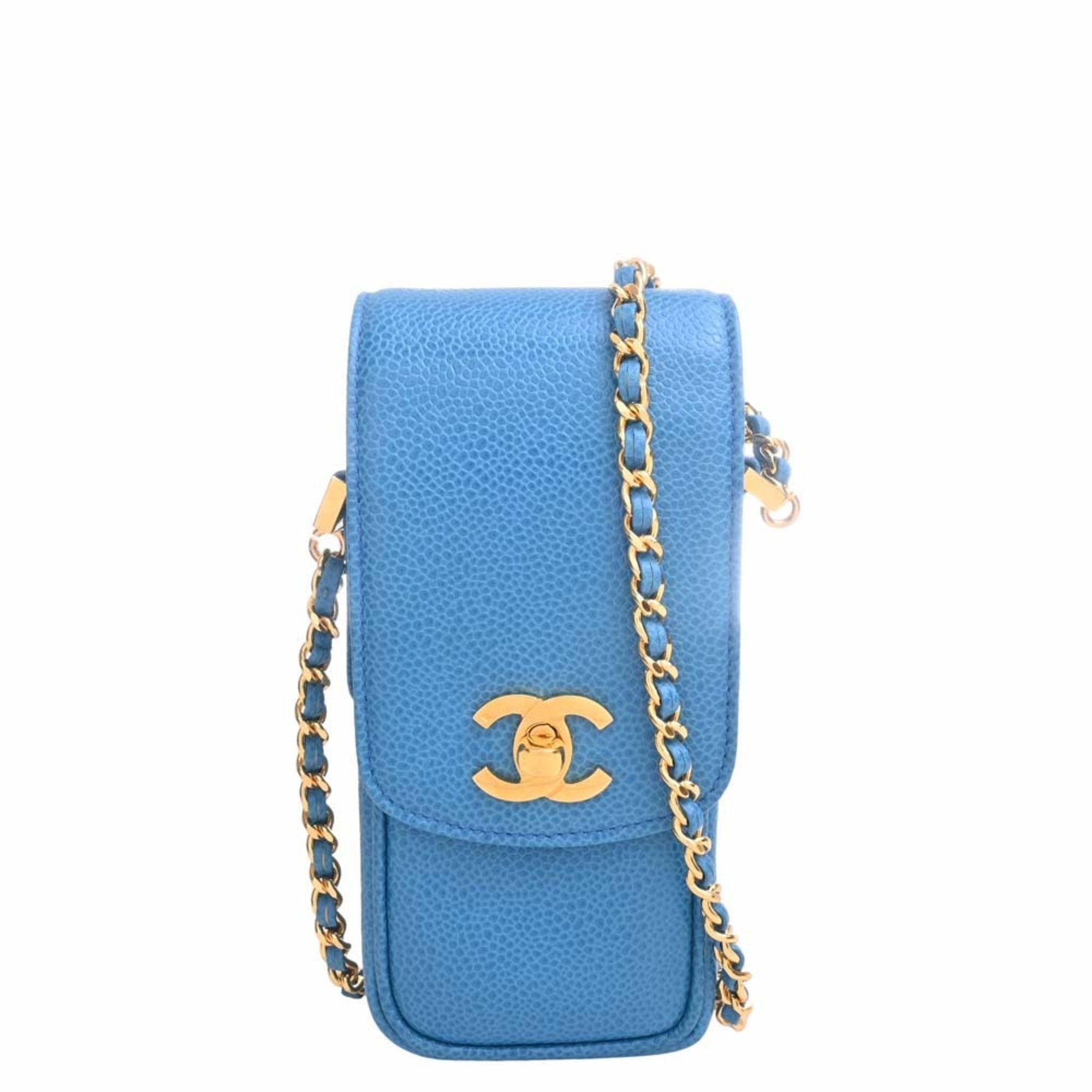CHANEL Leather Coco Mark Chain Phone Case Shoulder Bag Blue Ladies
