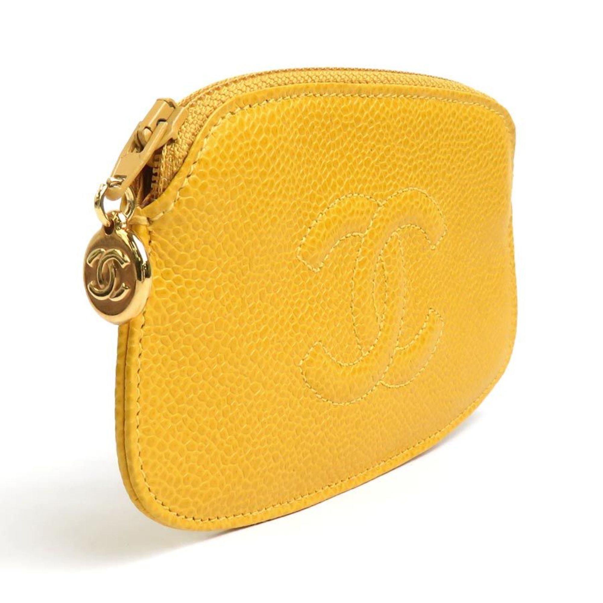 CHANEL Accessory Pouch Coco Mark Caviar Skin Leather Yellow Ladies