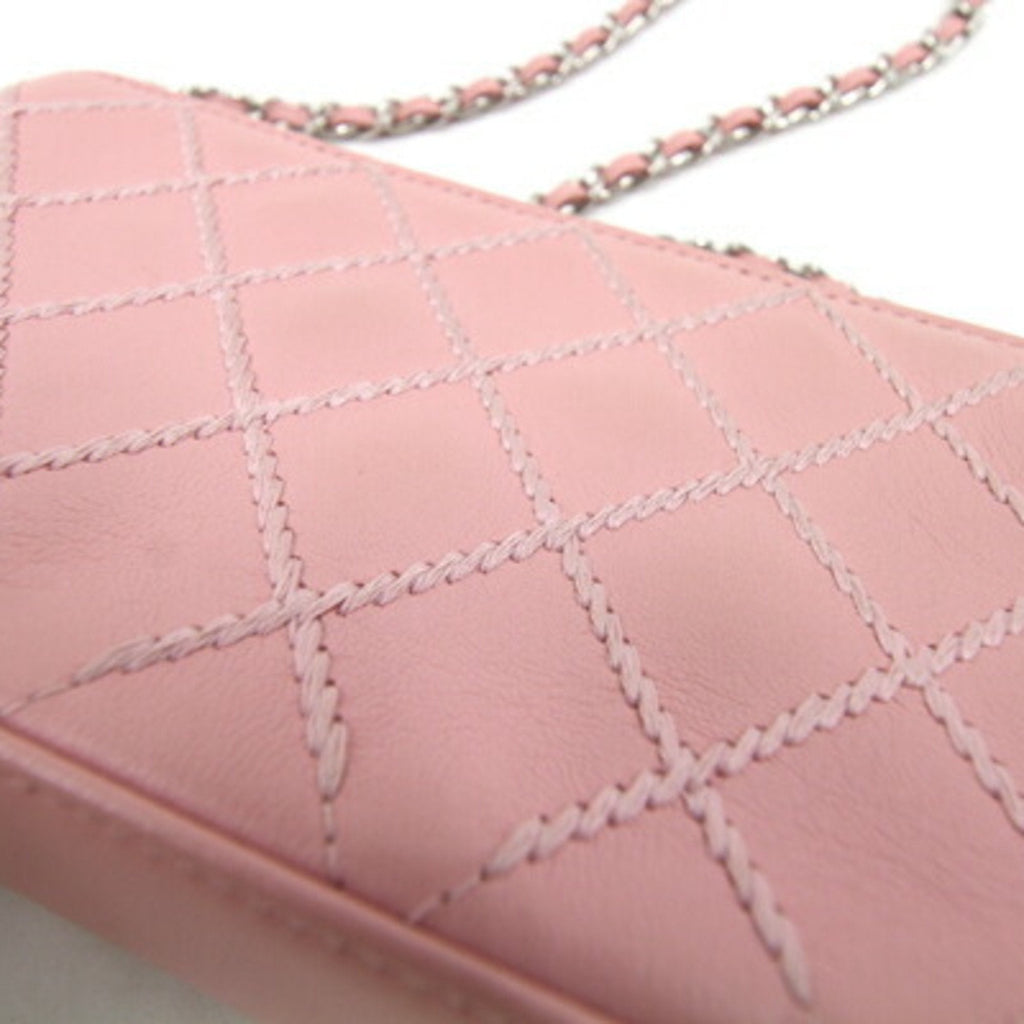 CHANEL Chain Wild Stitch A82527 Pink Leather Shoulder Women's Bag Matelasse Quilting Cocomark Long Wallet