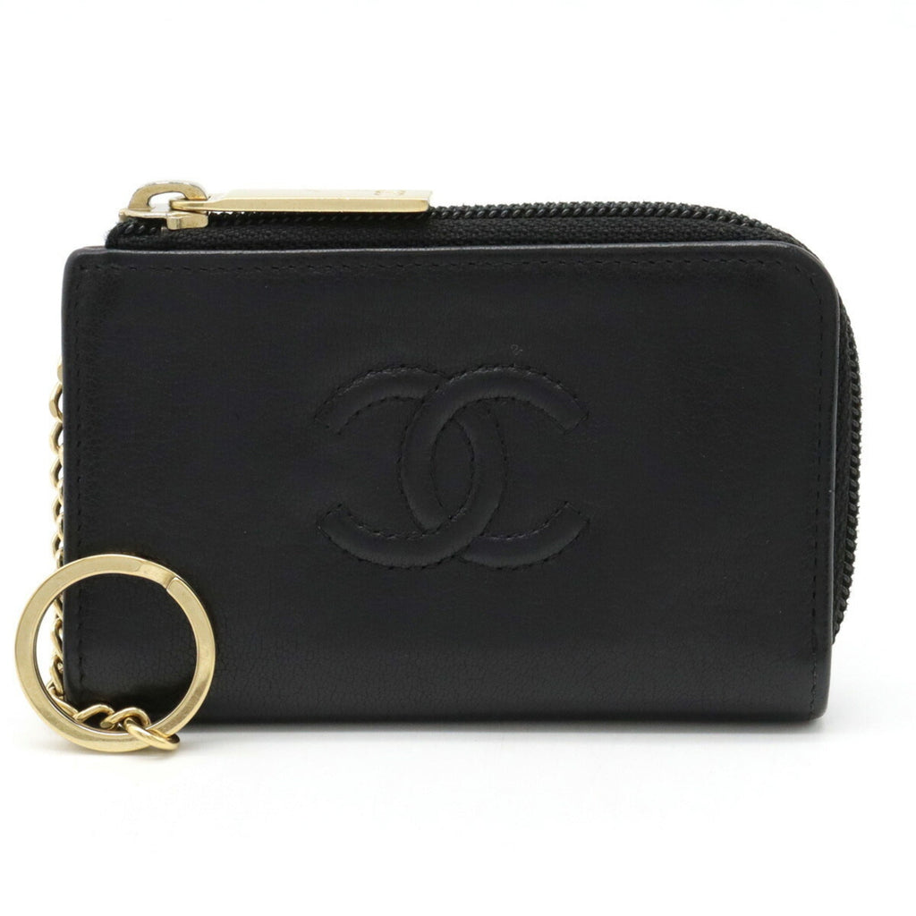 CHANEL Cocomark Coin Case Purse L-shaped Leather Black A68885