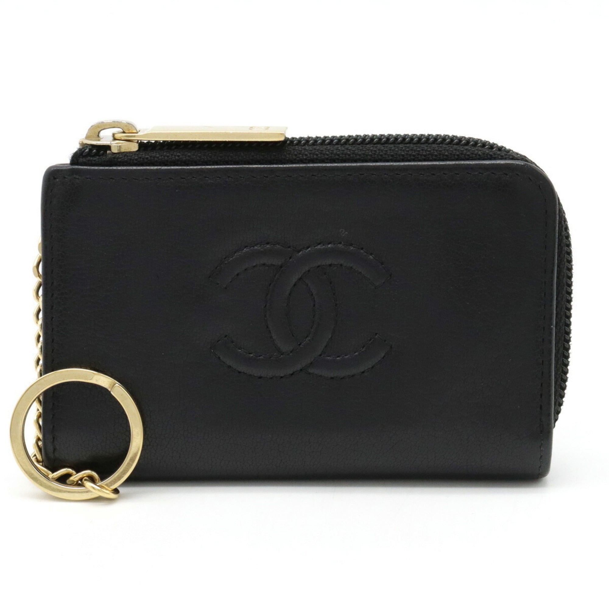 CHANEL Cocomark Coin Case Purse L-shaped Leather Black A68885