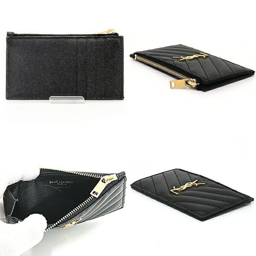 SAINT LAURENT Monogram Fragment Zip Card Case Coin Grain de Poudre Embossed Leather 607915 Black Gold Hardware