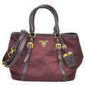 Prada handbag logo nylon/leather burgundy gold ladies