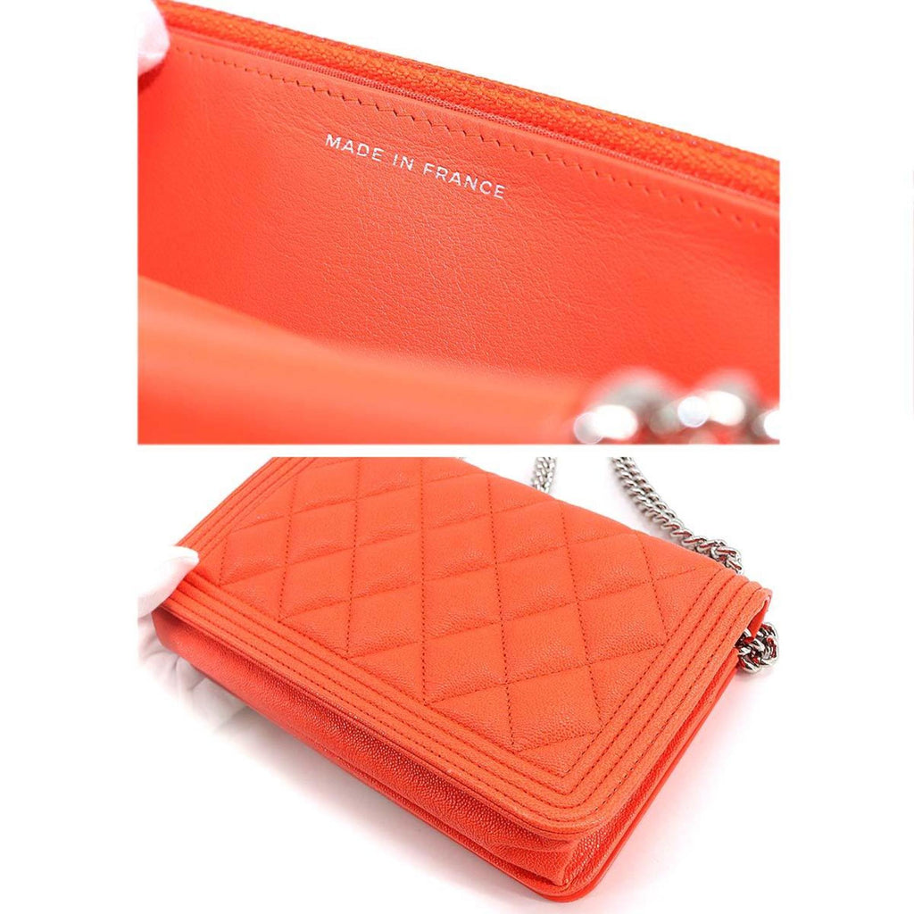 CHANEL boy chain wallet long caviar skin leather orange AP1117 silver metal fittings Chain Wallet