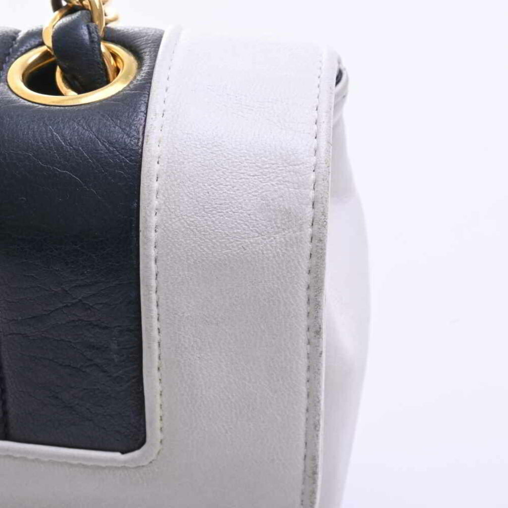 Chanel Lambskin Mademoiselle Coco Mark Mini Chain Shoulder Bag Navy White