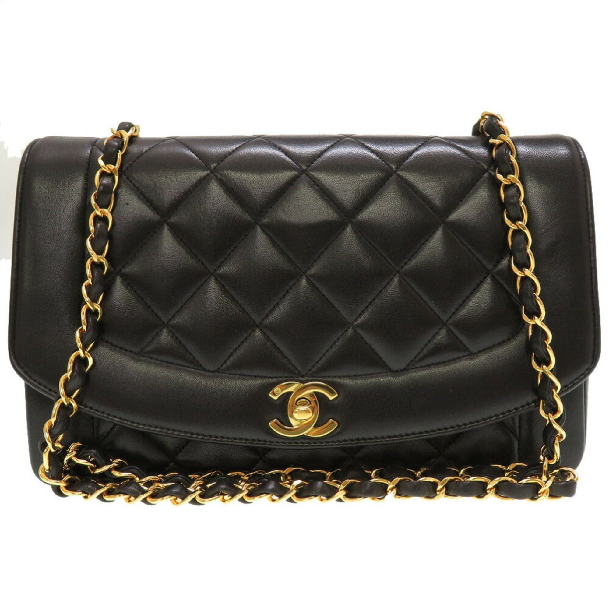 CHANEL Diana 25 Matelasse No. 4 Lambskin Black Gold Chain Shoulder Bag Coco Mark