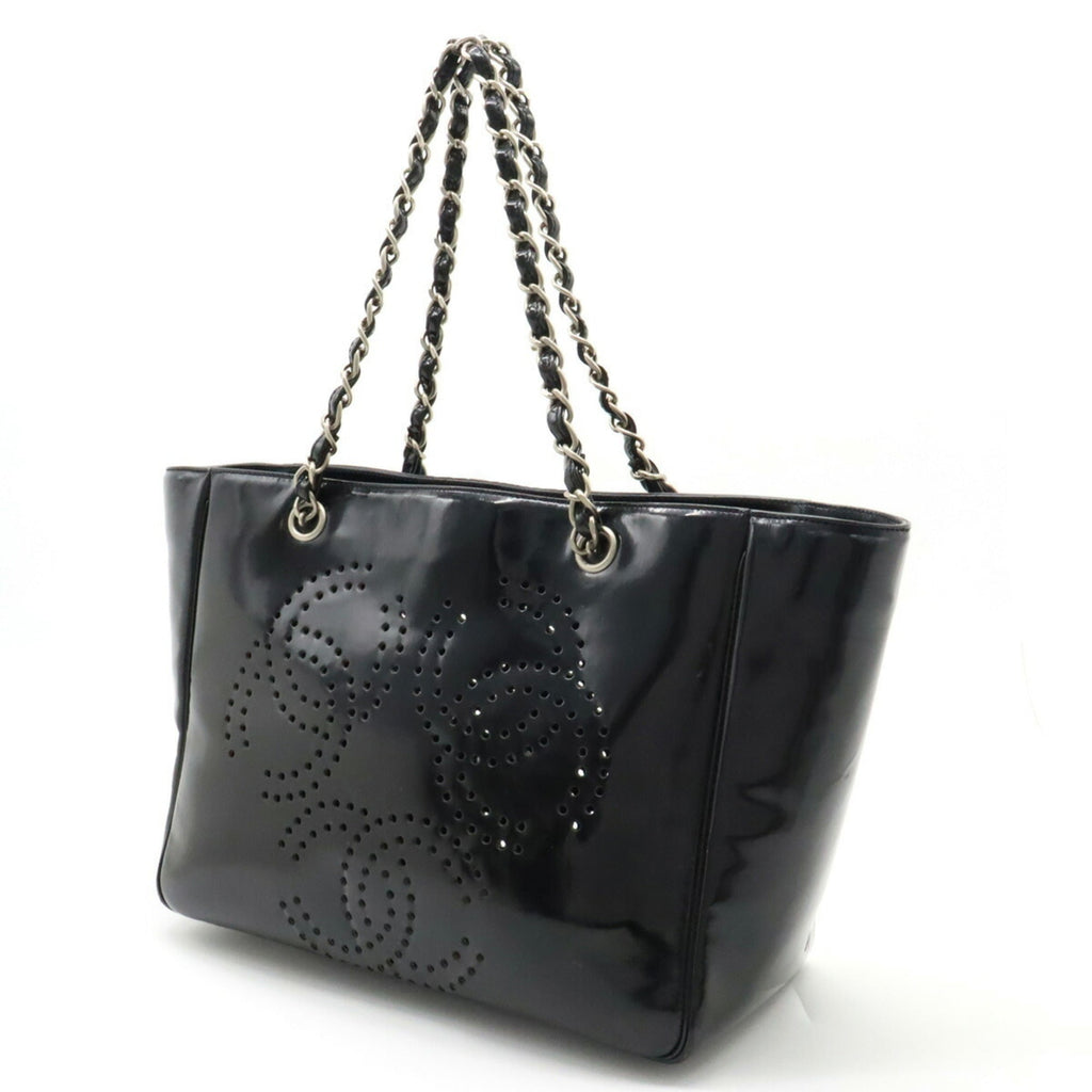 CHANEL Coco Mark Triple Punching Chain Shoulder Bag Tote Enamel Black