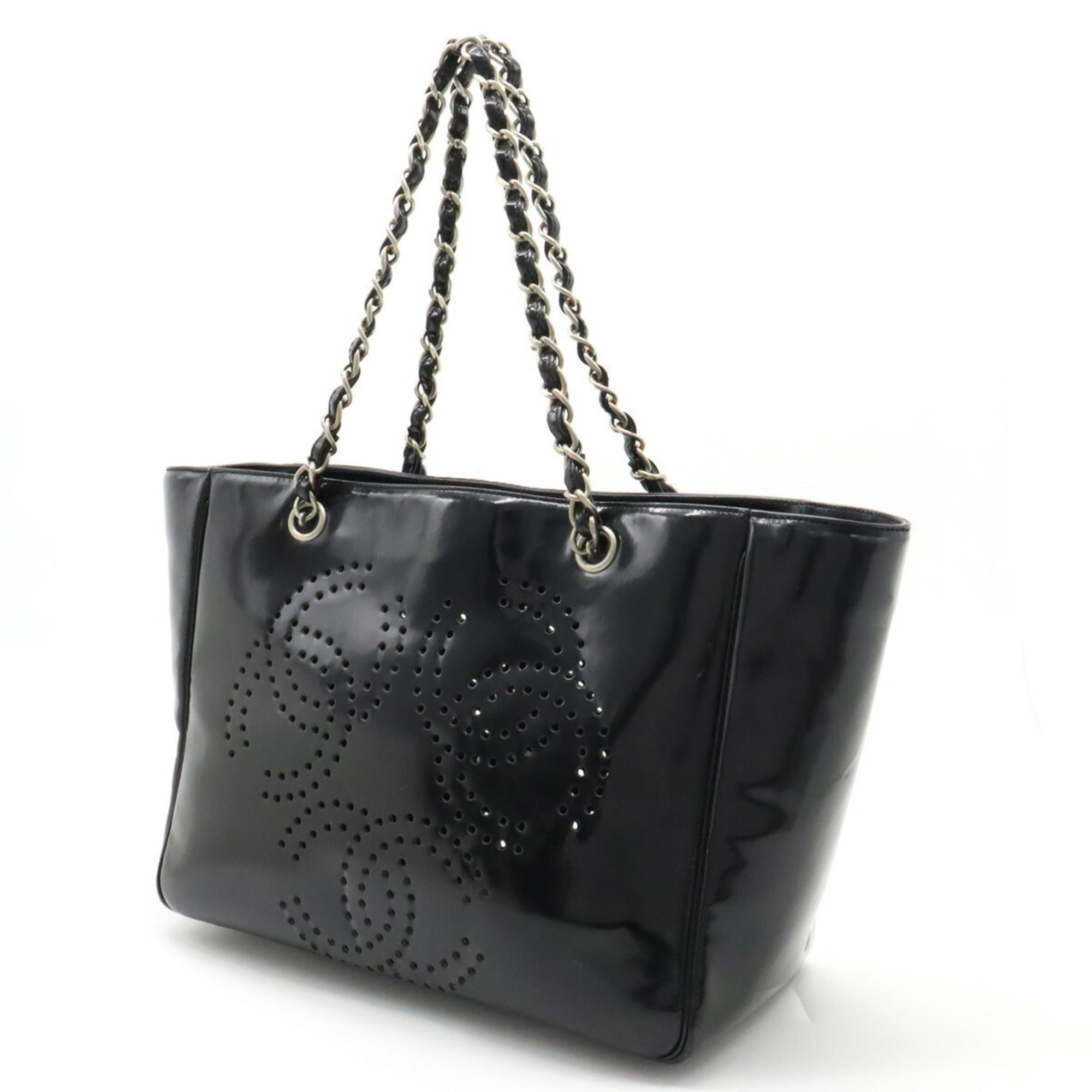 CHANEL Coco Mark Triple Punching Chain Shoulder Bag Tote Enamel Black