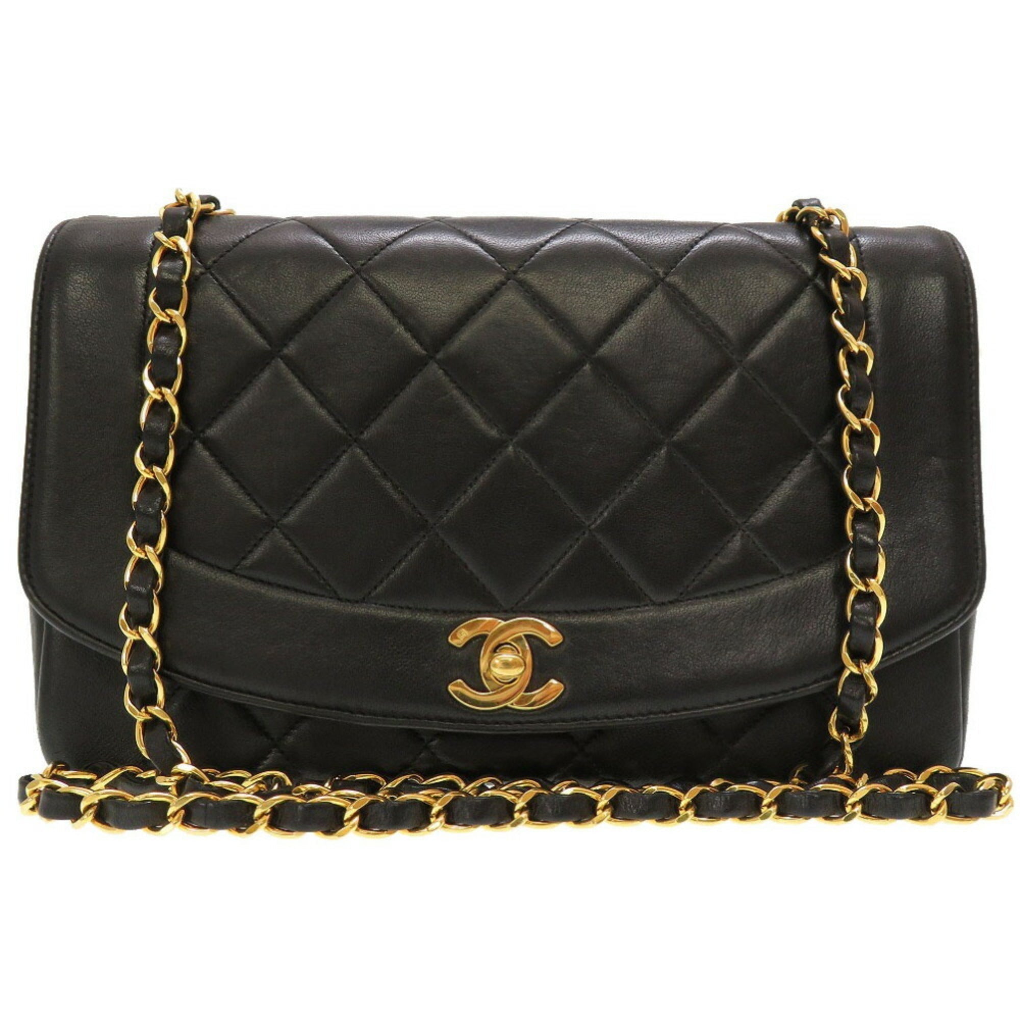 CHANEL Diana Matelasse 25 Lambskin Black Gold Chain Shoulder Bag Coco Mark