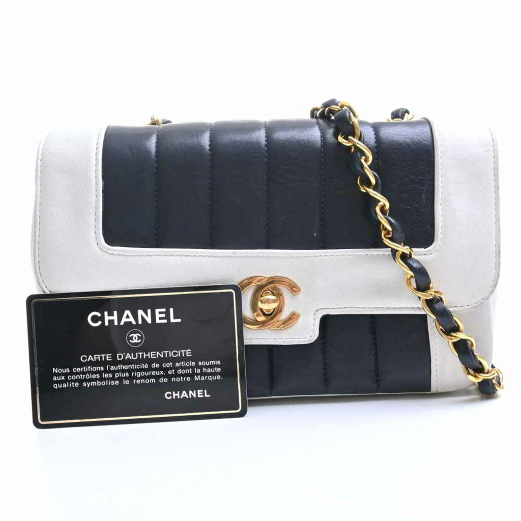 Chanel Lambskin Mademoiselle Coco Mark Mini Chain Shoulder Bag Navy White