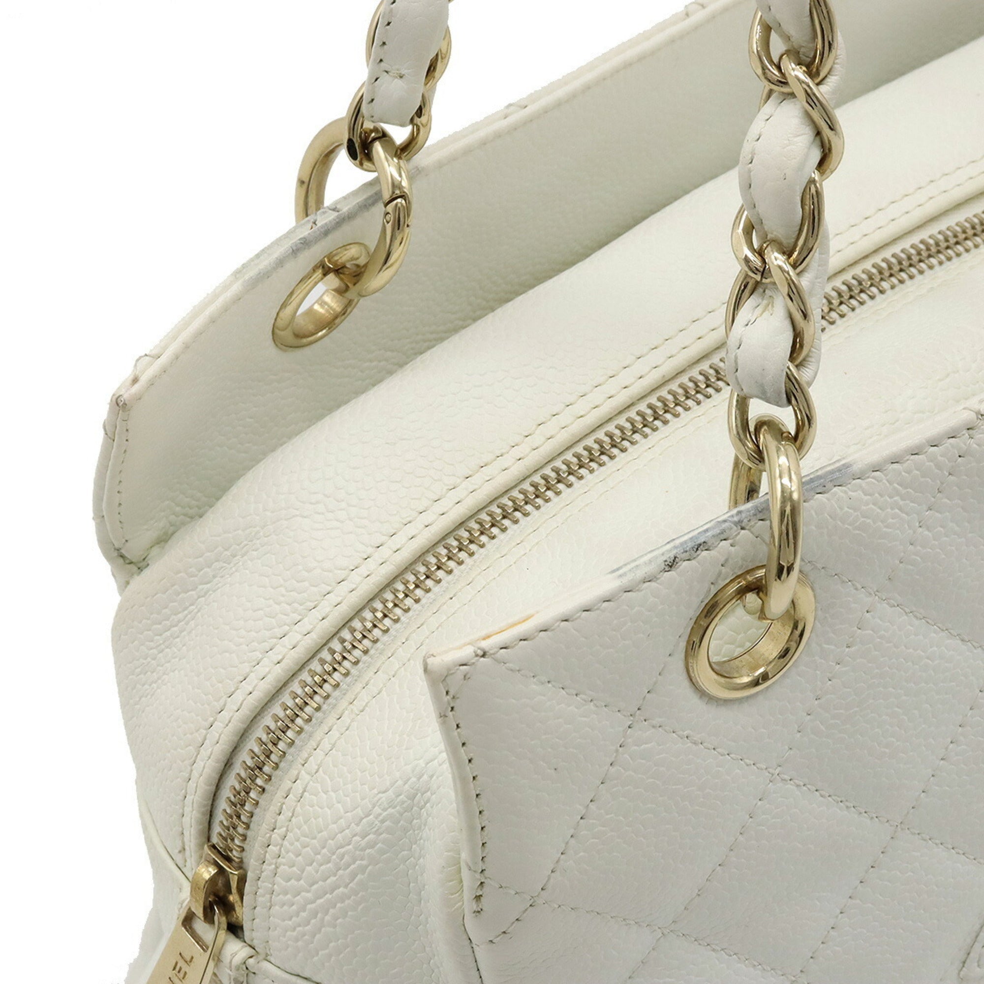 CHANEL matelasse chain tote bag shoulder caviar skin leather white