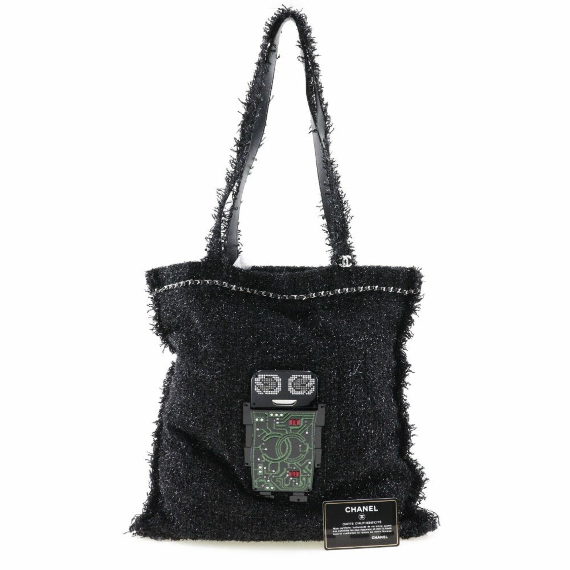 CHANEL Robot Tote Bag Cocomark A94646 Tweed Black/Silver Hardware Unisex