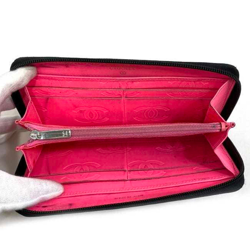 CHANEL Round Long Wallet Black Pink Silver Cambon A50078 Cocomark Leather Lambskin 16th  Purse Women's