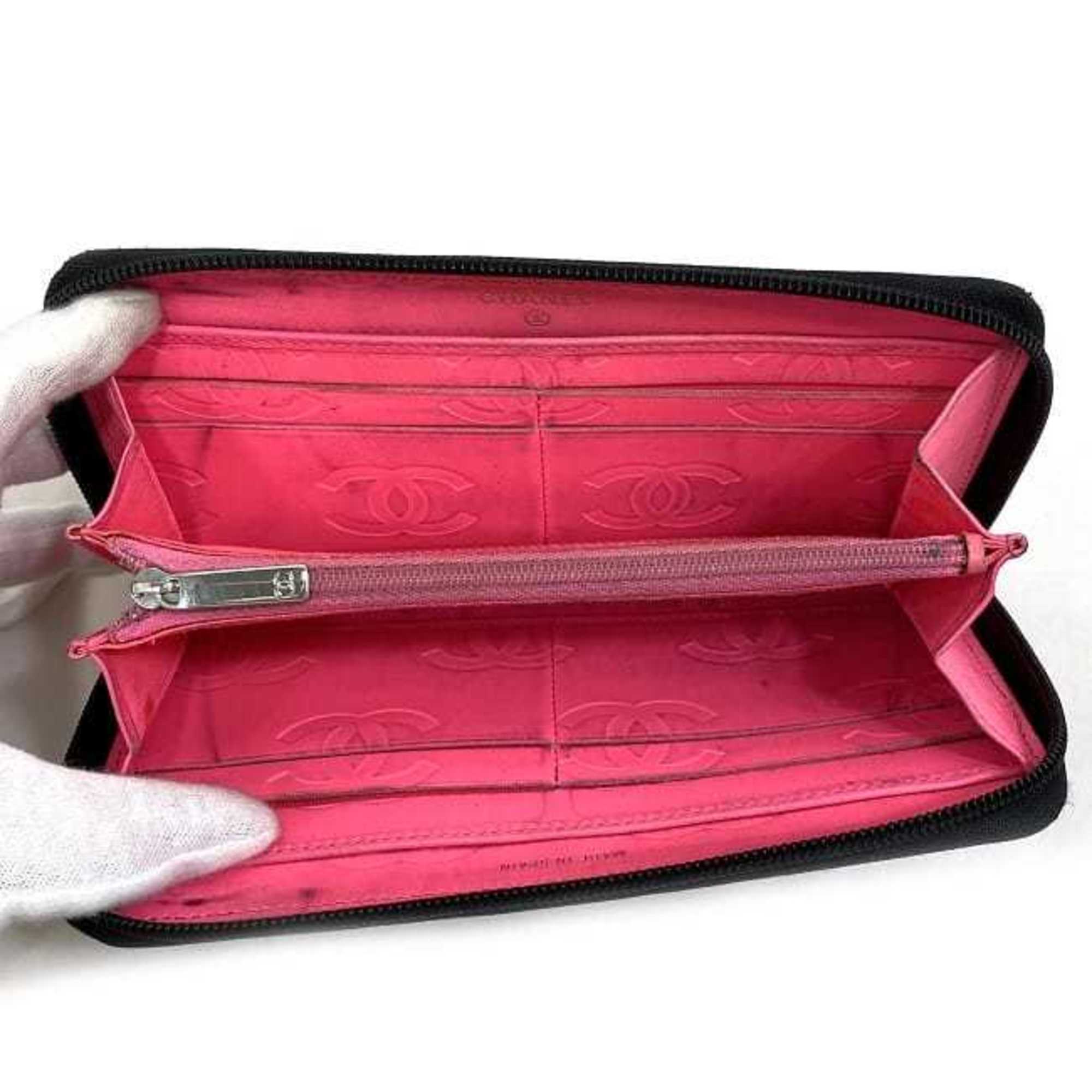 CHANEL Round Long Wallet Black Pink Silver Cambon A50078 Cocomark Leather Lambskin 16th  Purse Women's