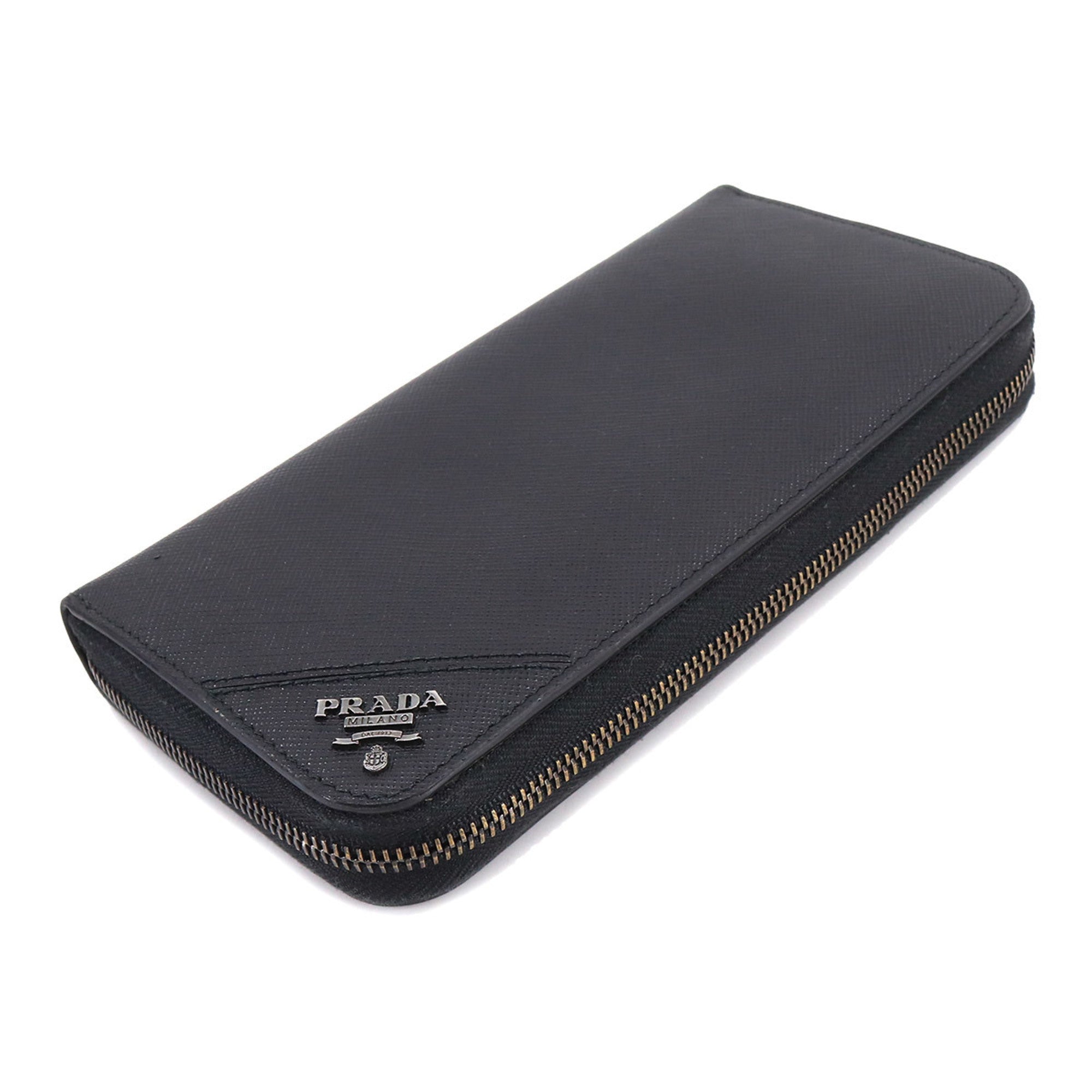 PRADA Saffiano Round Zipper Long Wallet Leather Black 2ML317 Silver Hardware