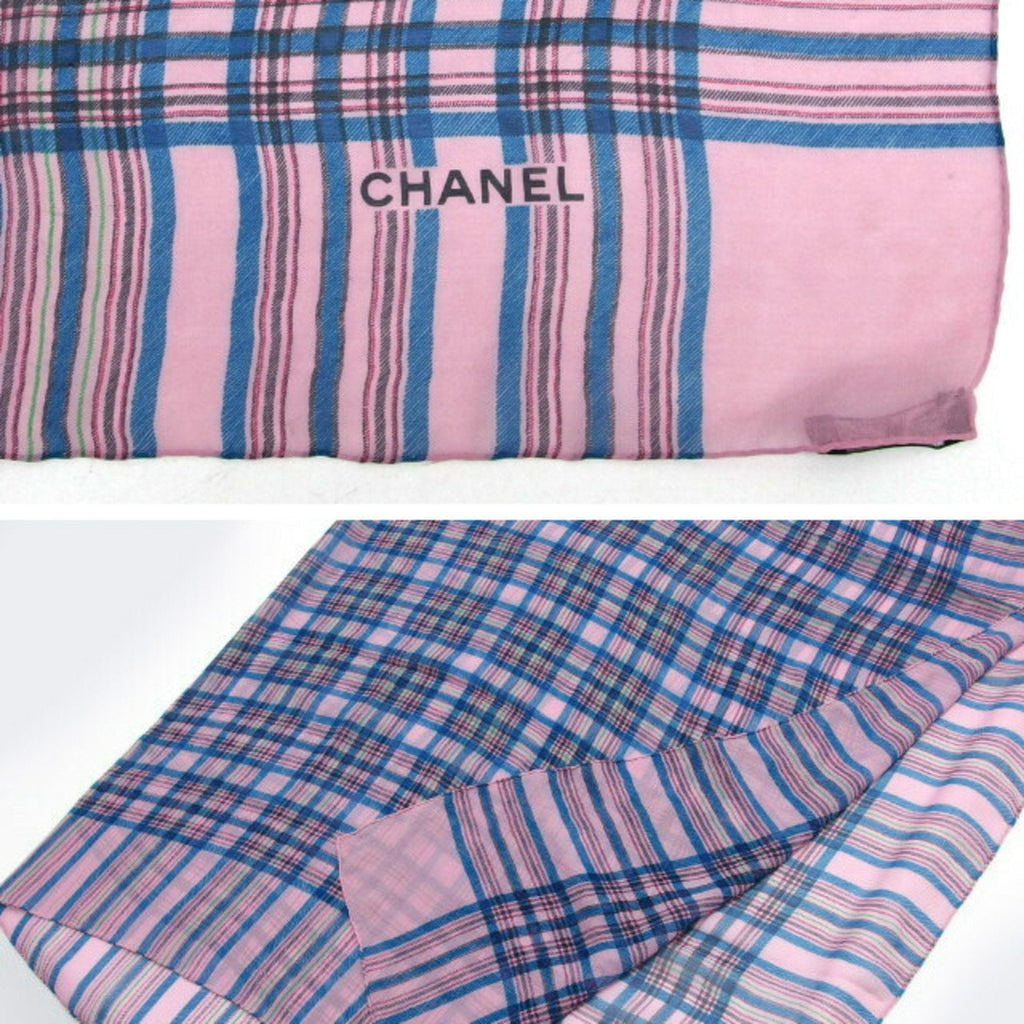 CHANEL Check Pattern Chiffon Large Stole Pink Multicolor