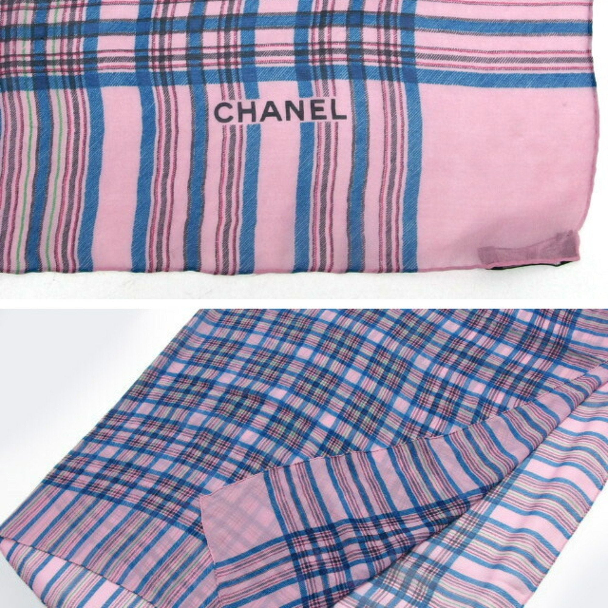CHANEL Check Pattern Chiffon Large Stole Pink Multicolor