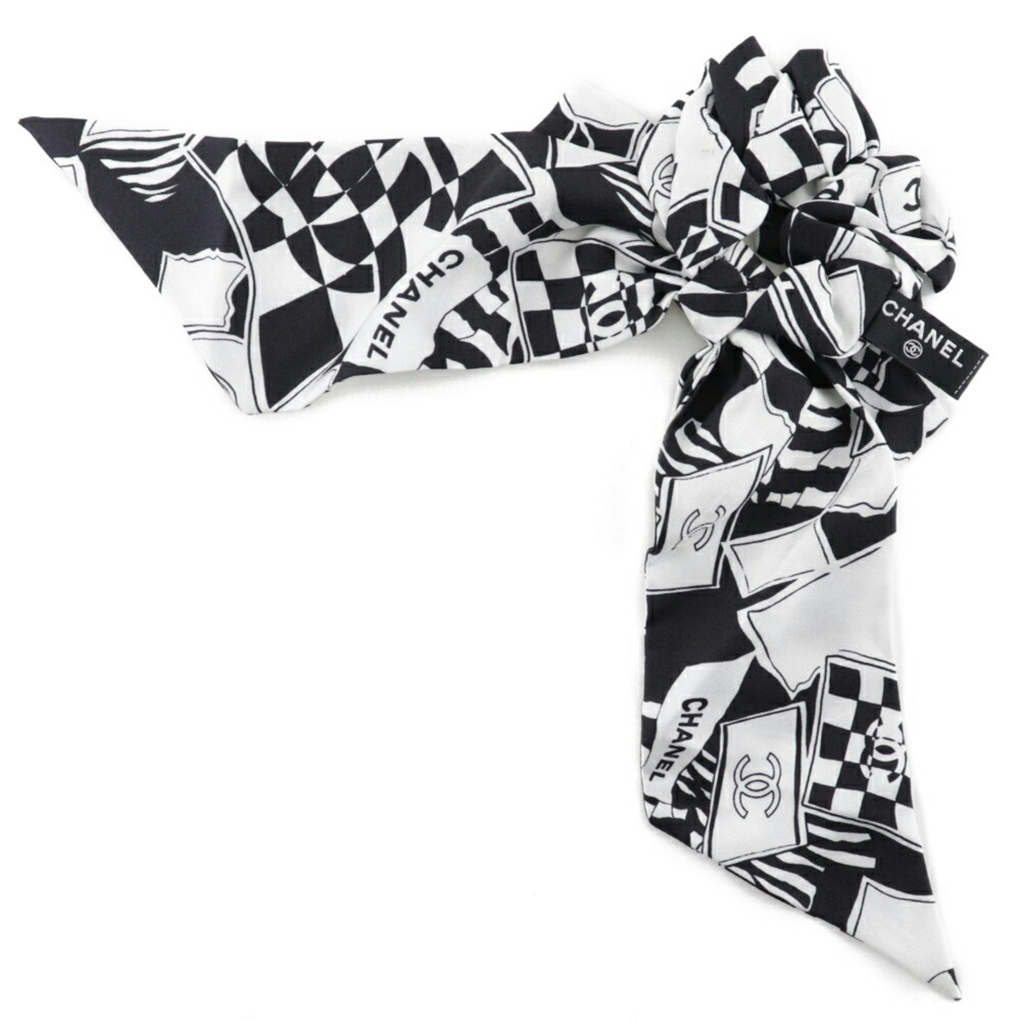 CHANEL Ribbon Scrunchie Other Accessories Coco Mark Logo Silk Black/White Women's