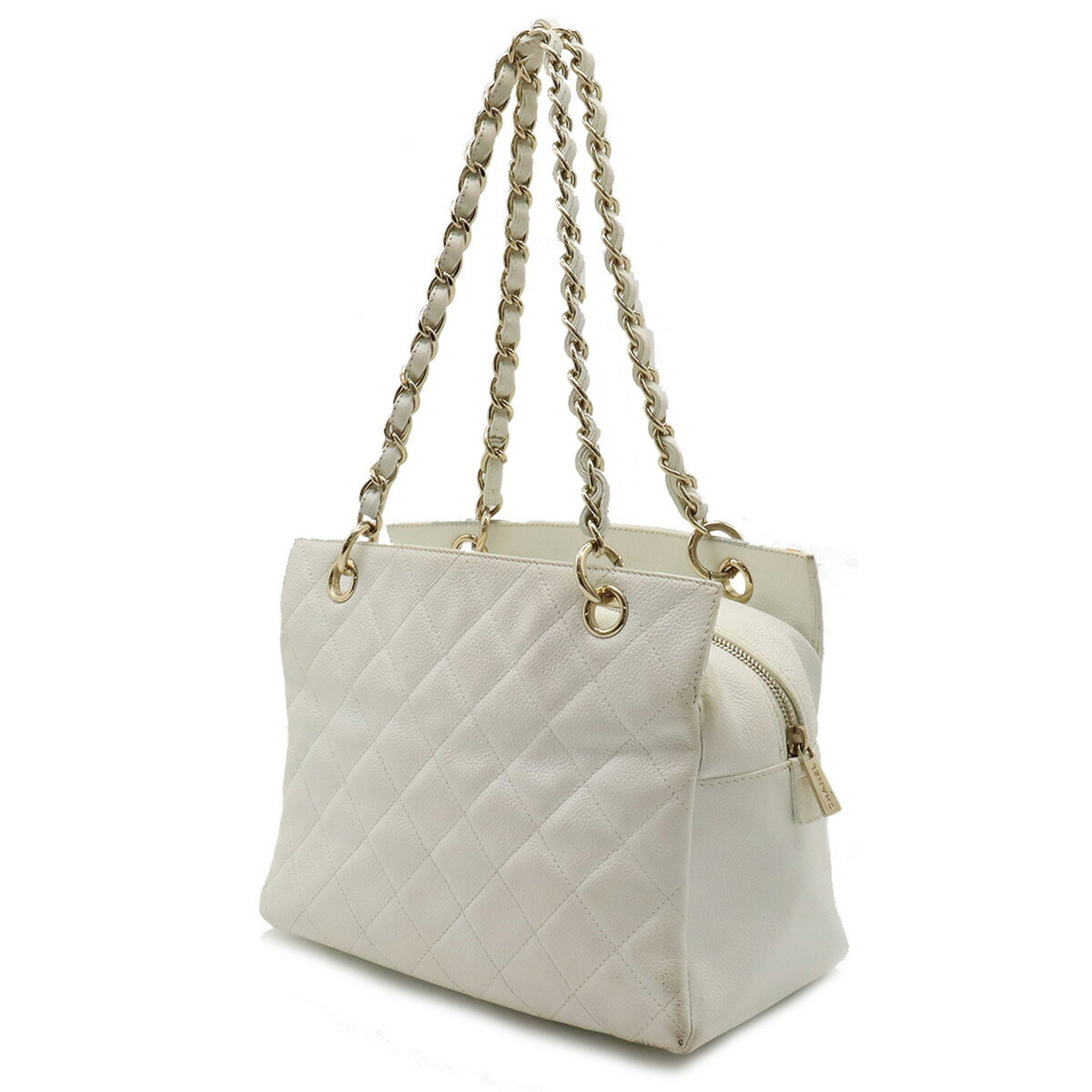 CHANEL matelasse chain tote bag shoulder caviar skin leather white