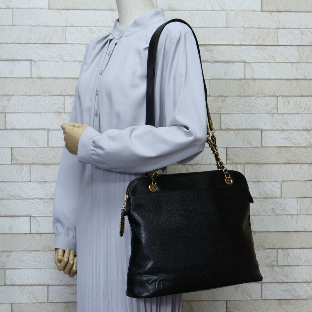 CHANEL Chain Triple Coco Shoulder Bag Caviar Skin Black Women's