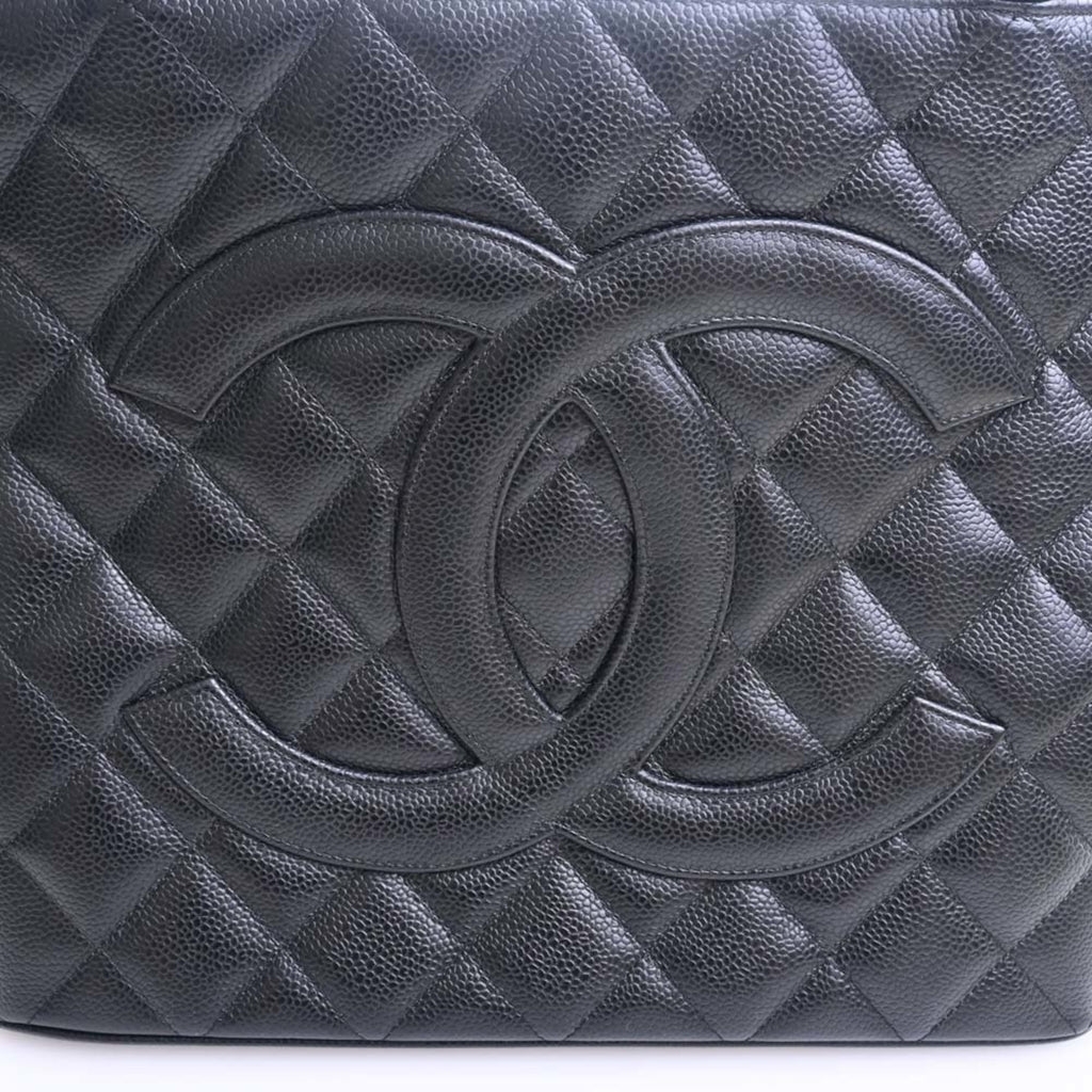 CHANEL Caviar Skin Coco Mark Reprint Tote Bag Black Ladies