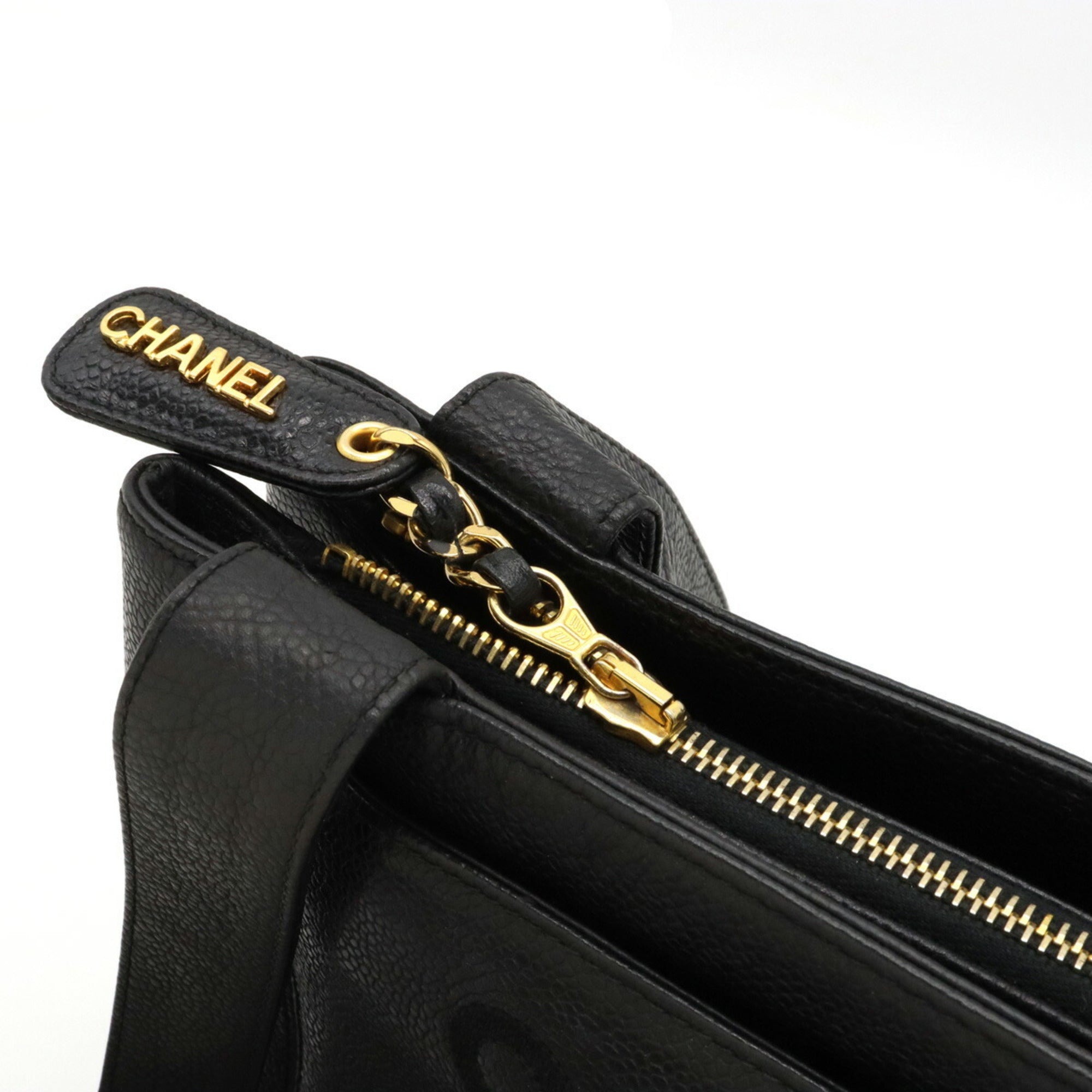 CHANEL tote bag shoulder caviar skin leather black