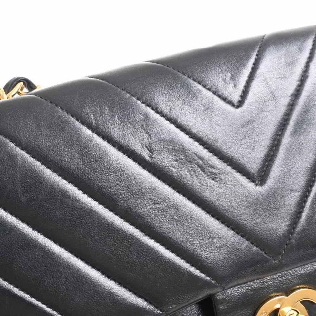 Chanel lambskin V stitch here mark W flap chain shoulder bag black