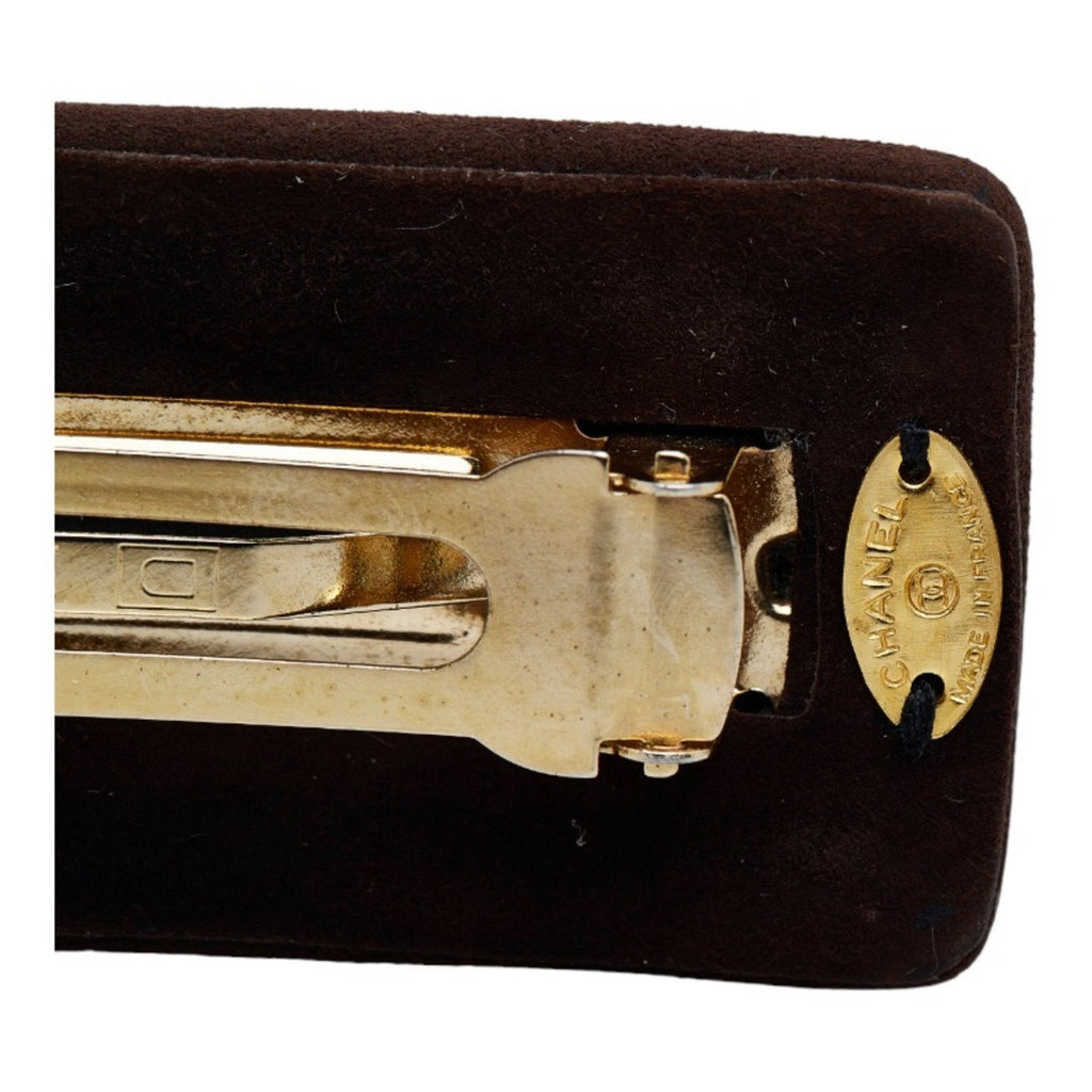 CHANEL here mark turn lock barrette brown black plated suede ladies