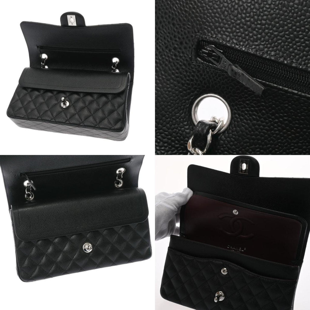 CHANEL matelasse W flap chain shoulder 25cm black A01112 ladies caviar skin bag