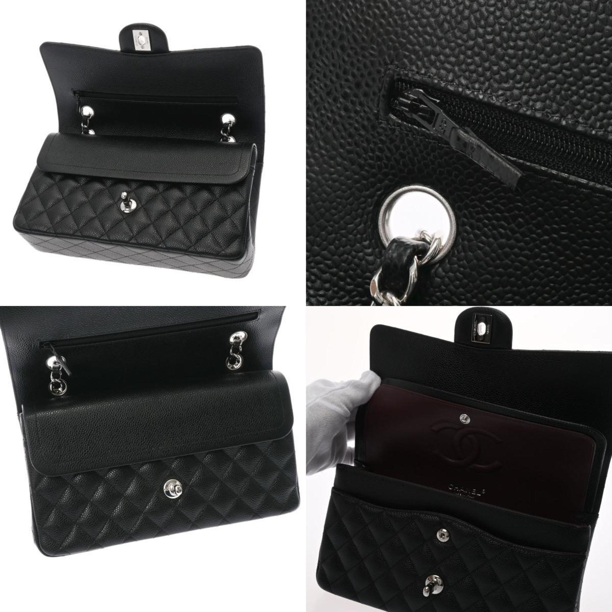 CHANEL matelasse W flap chain shoulder 25cm black A01112 ladies caviar skin bag
