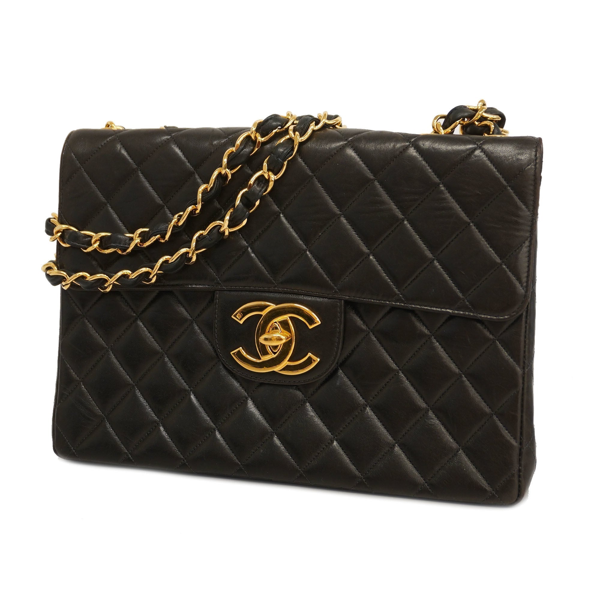 CHANELAuth  Big Matelasse W Chain Women's Leather Shoulder Bag Black