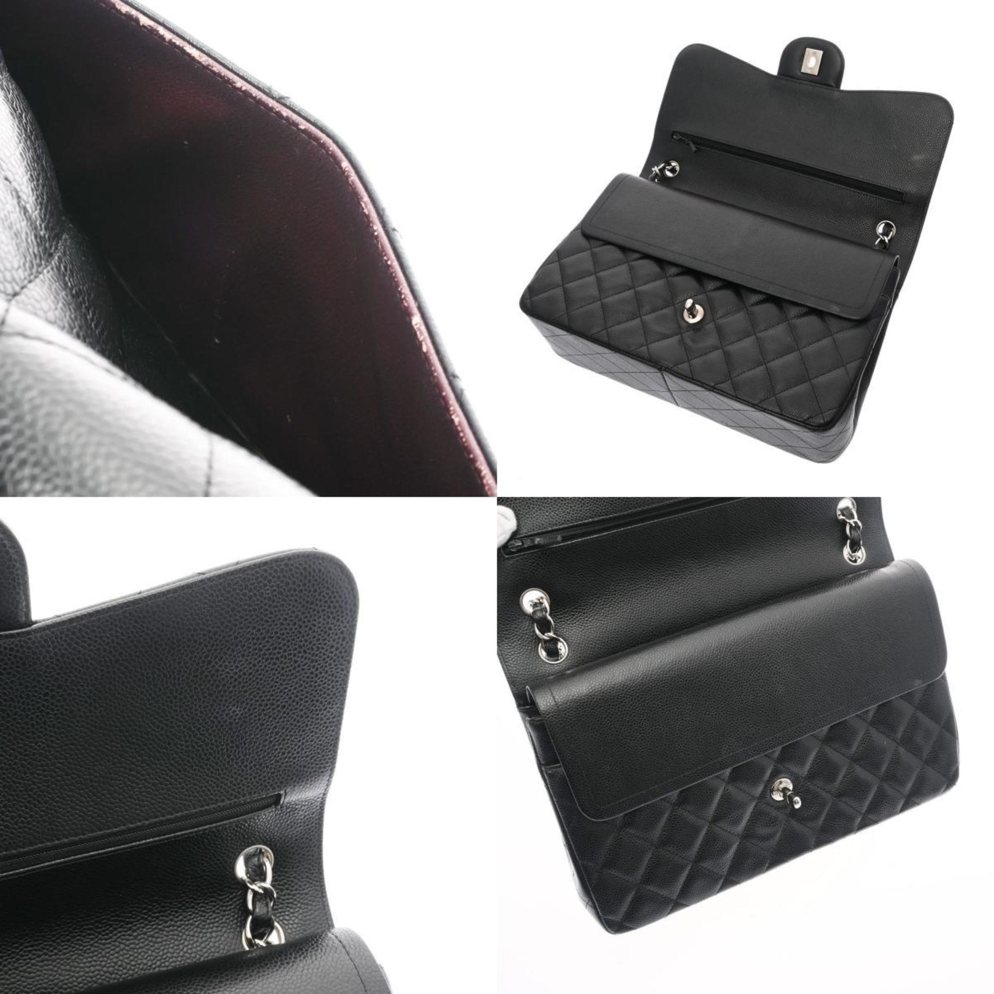 CHANEL matelasse double flap 30 black ladies caviar skin shoulder bag