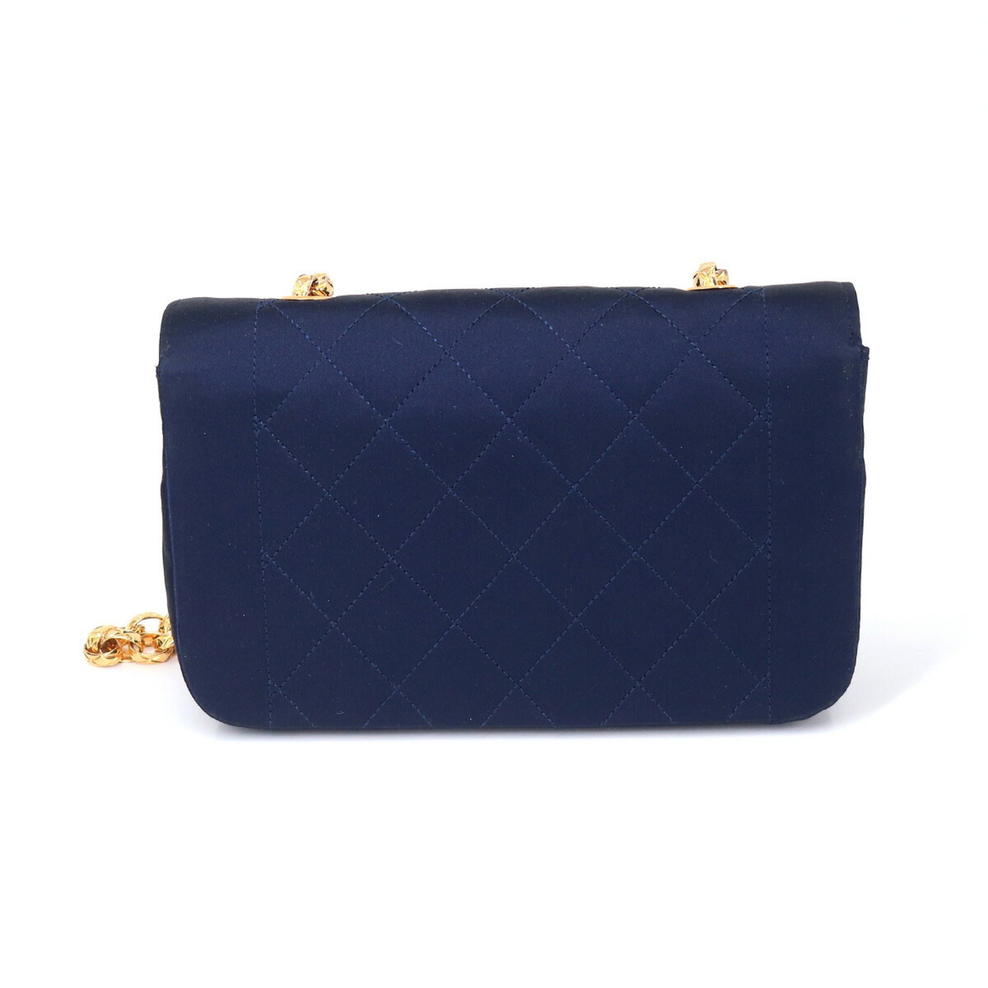 CHANEL Matelasse Bijou Chain Shoulder Bag Satin Navy Gold Hardware Vintage