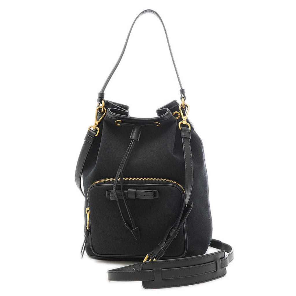 PRADA Logo Jacquard Drawstring 2Way Shoulder Ribbon Canvas Black 1BH097