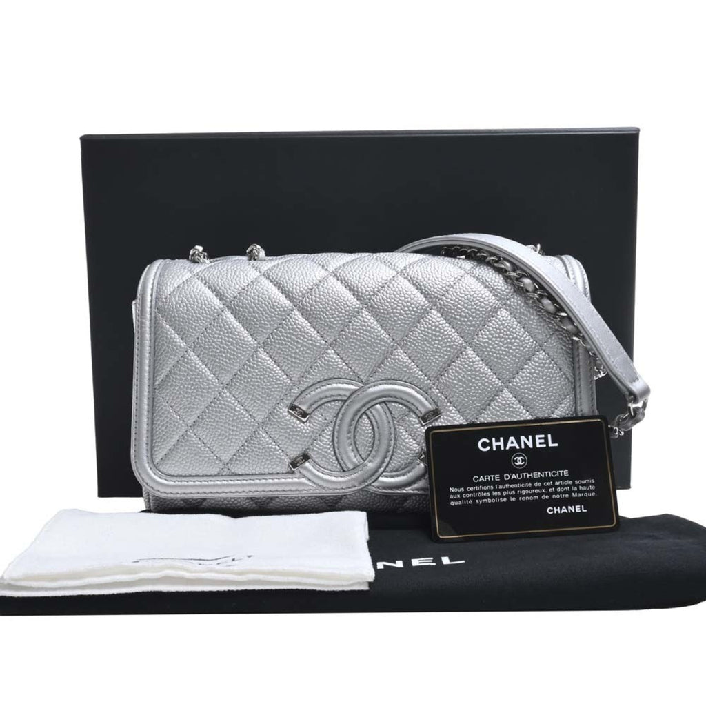 CHANEL Caviar Skin Matelasse CC Filigree Chain Shoulder Bag Silver Ladies
