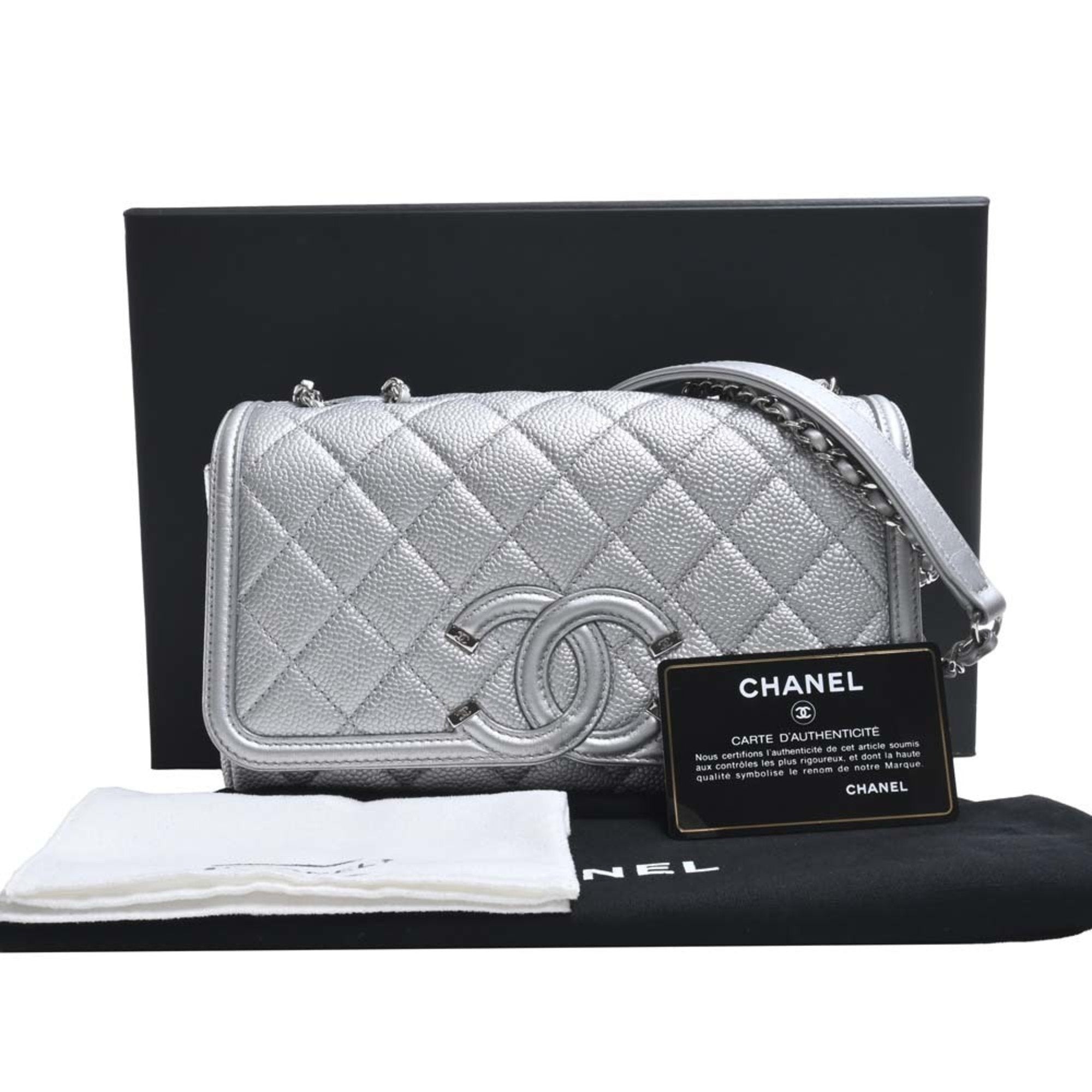 CHANEL Caviar Skin Matelasse CC Filigree Chain Shoulder Bag Silver Ladies