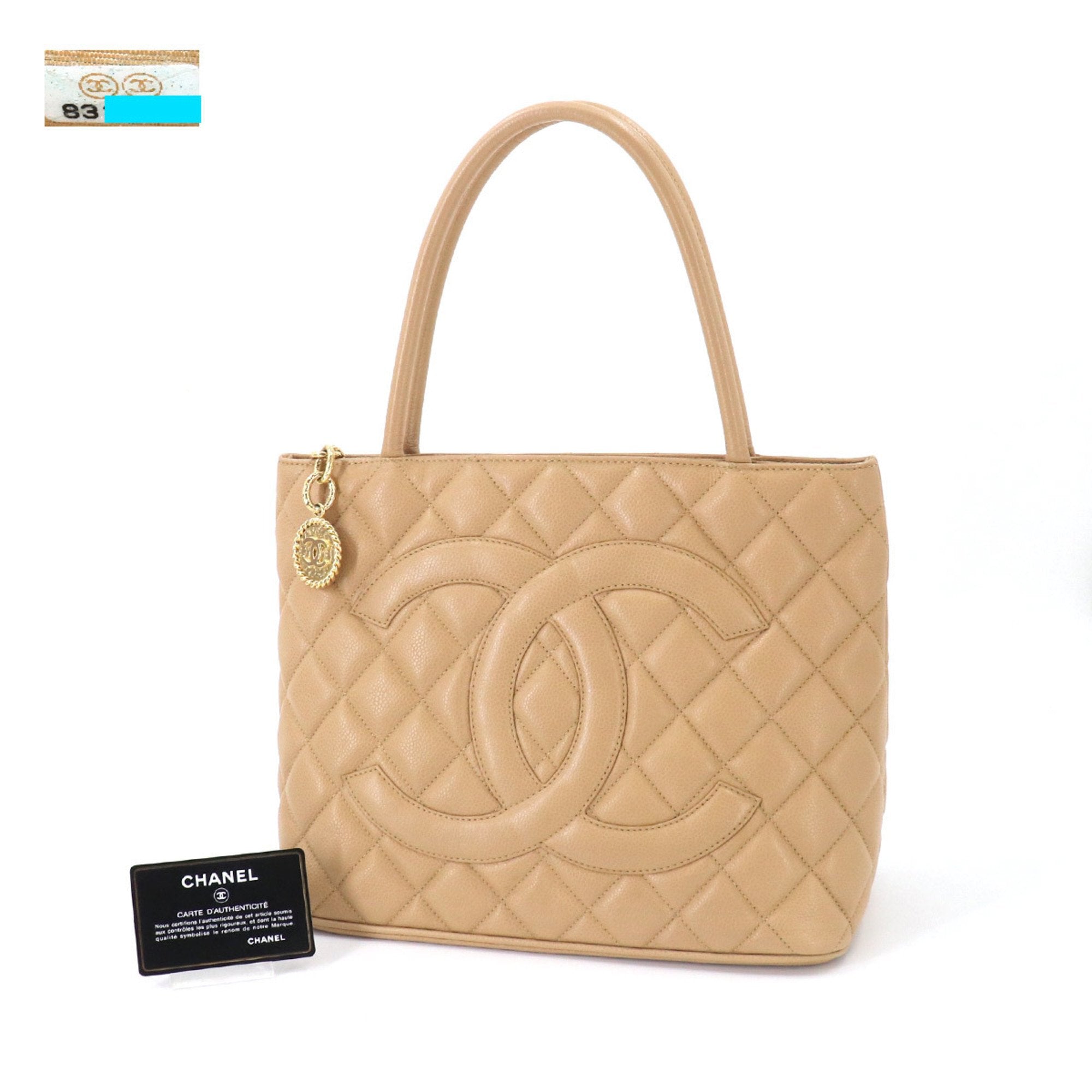 Chanel Reprint Tote Bag Caviar Skin Beige A01804 Gold Hardware Vintage Medallion